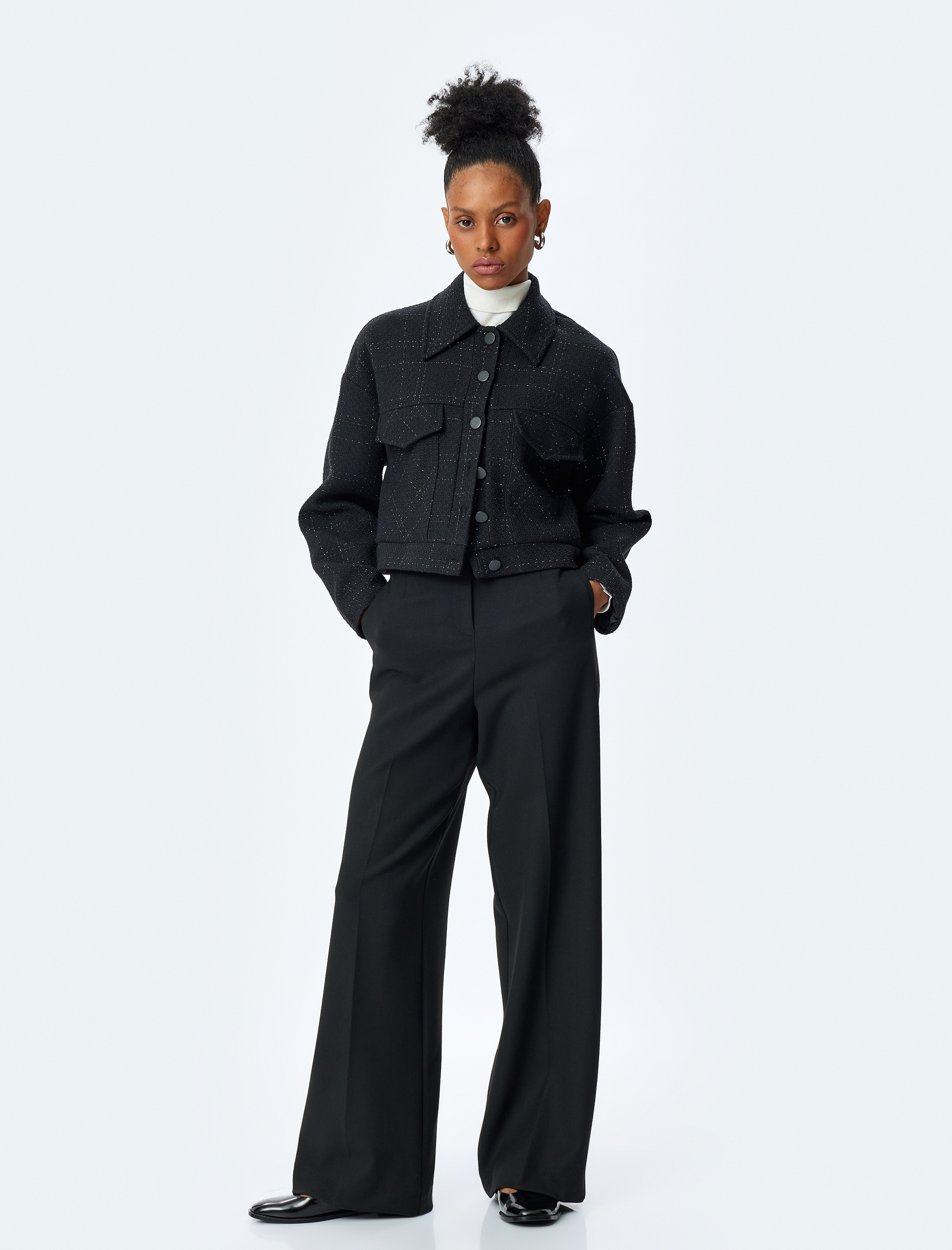   Cepli Yüksek Bel Geniş Paça Kumaş Pantolon