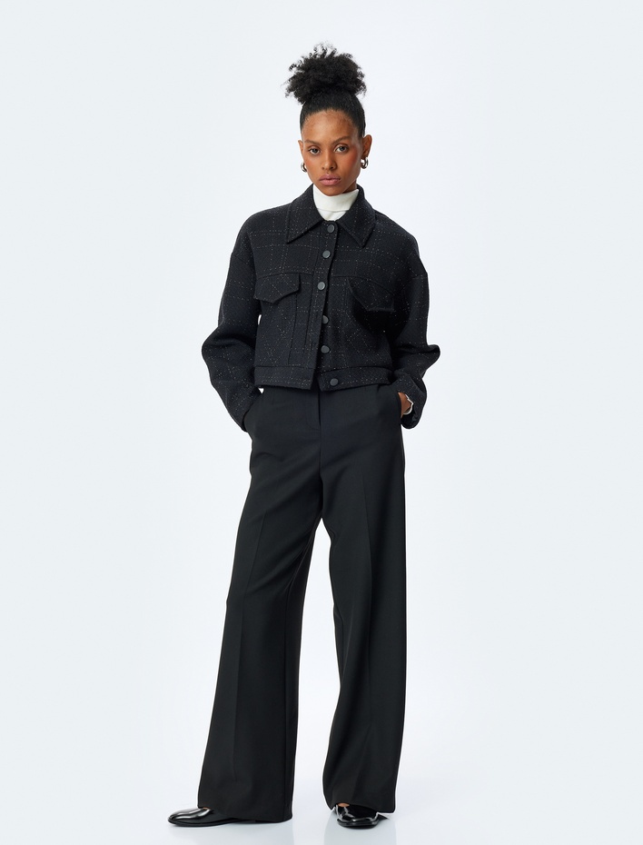  Cepli Yüksek Bel Geniş Paça Kumaş Pantolon