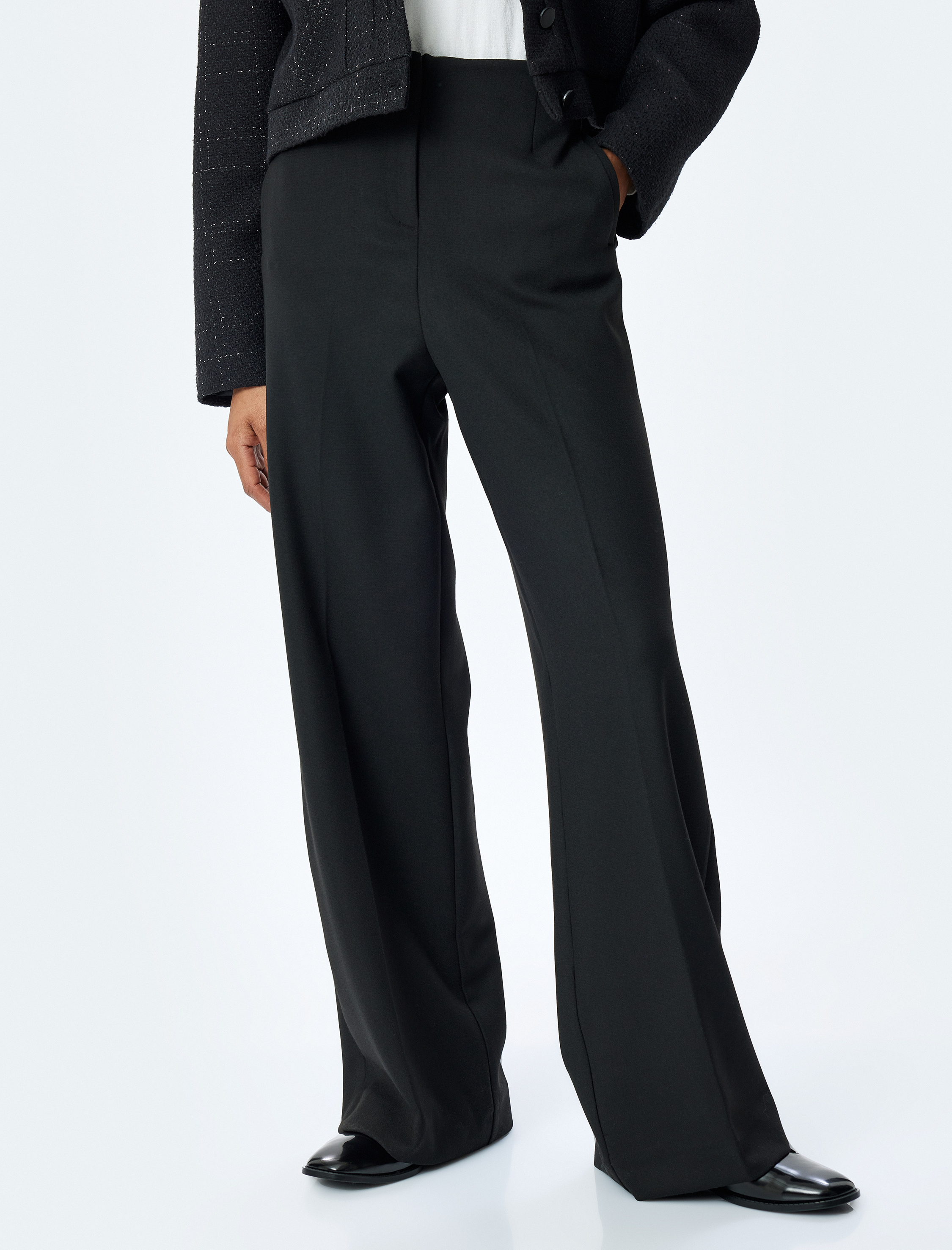   Cepli Yüksek Bel Geniş Paça Kumaş Pantolon