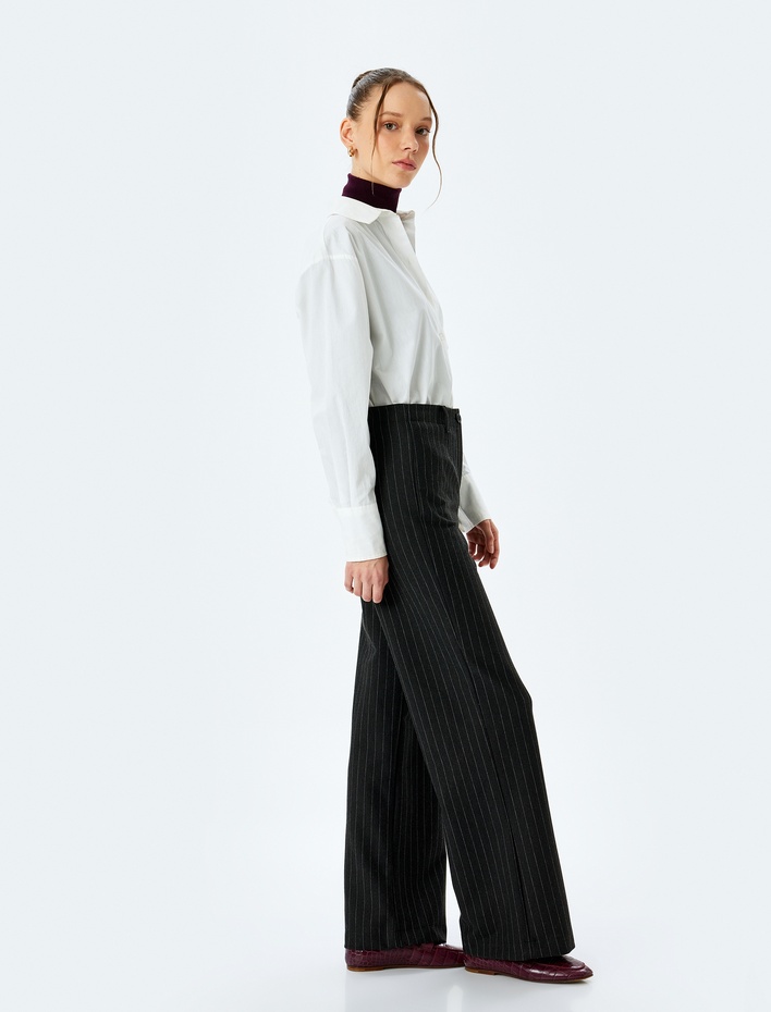  Standart Bel Bol Düz Paça Çizgili Kumaş Pantolon