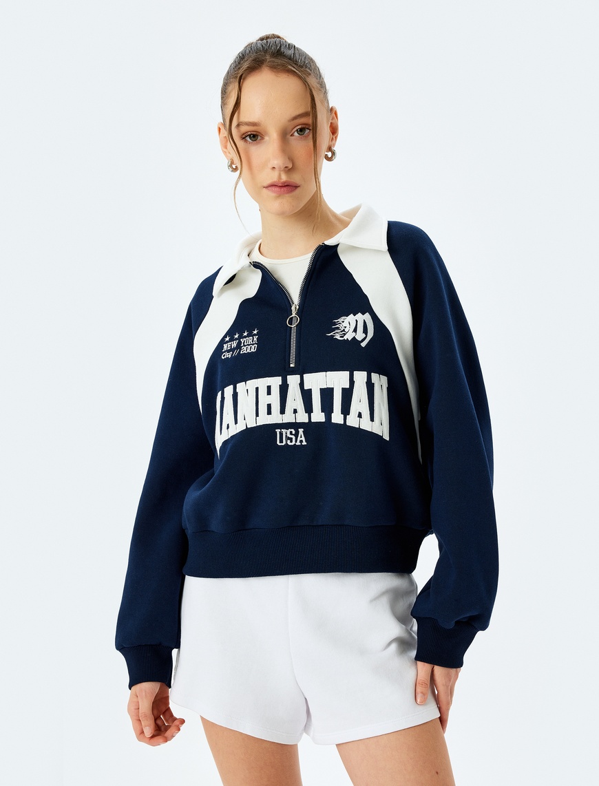   Yarım Fermuarlı Baskı Detaylı Uzun Kollu Polo Yaka Crop Sweatshirt