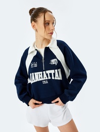 Yarım Fermuarlı Baskı Detaylı Uzun Kollu Polo Yaka Crop Sweatshirt