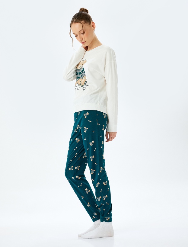Pamuklu Rahat Kalıp Ayıcık Baskılı Pijama Takımı_1