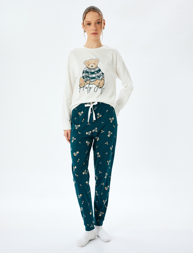 Pamuklu Rahat Kalıp Ayıcık Baskılı Pijama Takımı_2