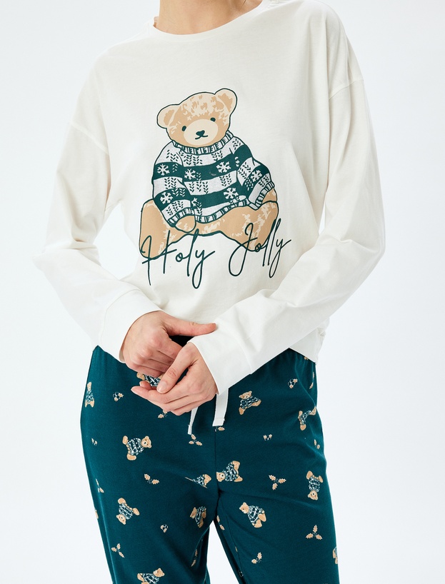 Pamuklu Rahat Kalıp Ayıcık Baskılı Pijama Takımı_4