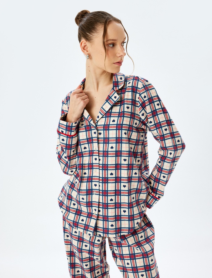  Uzun Kollu Pamuklu Gömlek Yaka Kalpli Pijama Üstü