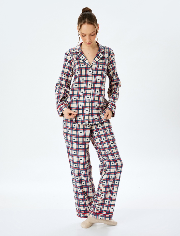  Uzun Kollu Pamuklu Gömlek Yaka Kalpli Pijama Üstü