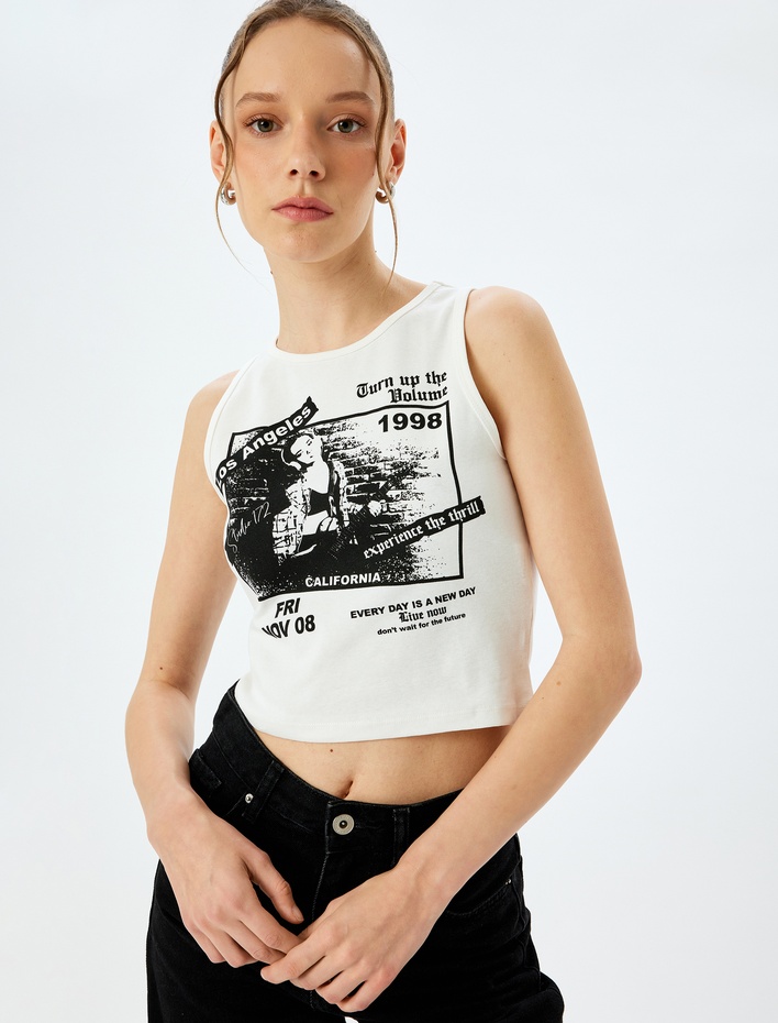  Baskılı Crop Slim Fit Bisiklet Yaka Kolsuz Atlet