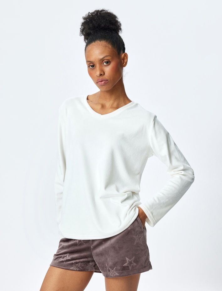  V Yaka Uzun Kollu Basic Polar Pijama Üstü