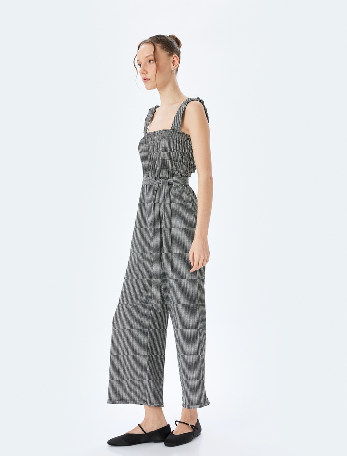  Gipeli Kare Yaka Geniş Paça Kemerli Kolsuz Tulum Bürümcük