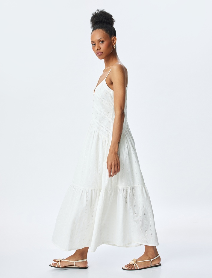  Pamuklu İnce Askılı V Yaka Düğmeli Astarlı Uzun Fisto Elbise