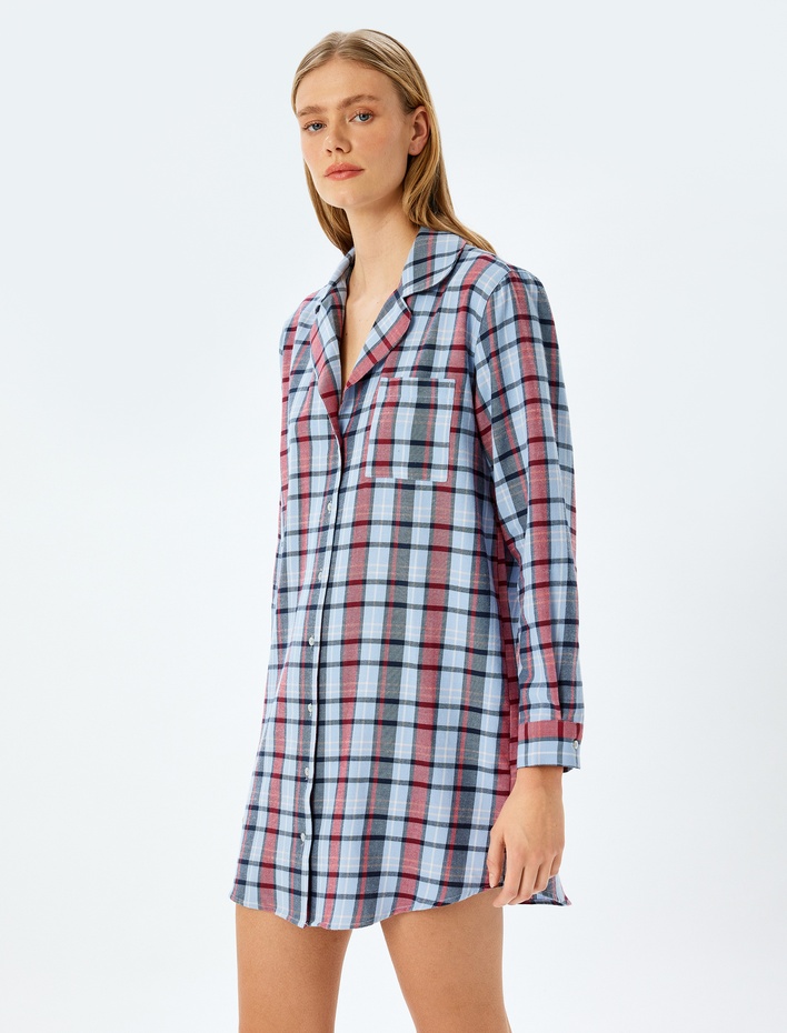  Pamuklu Ekose Rahat Kalıp Uzun Kollu Gömlek Gecelik