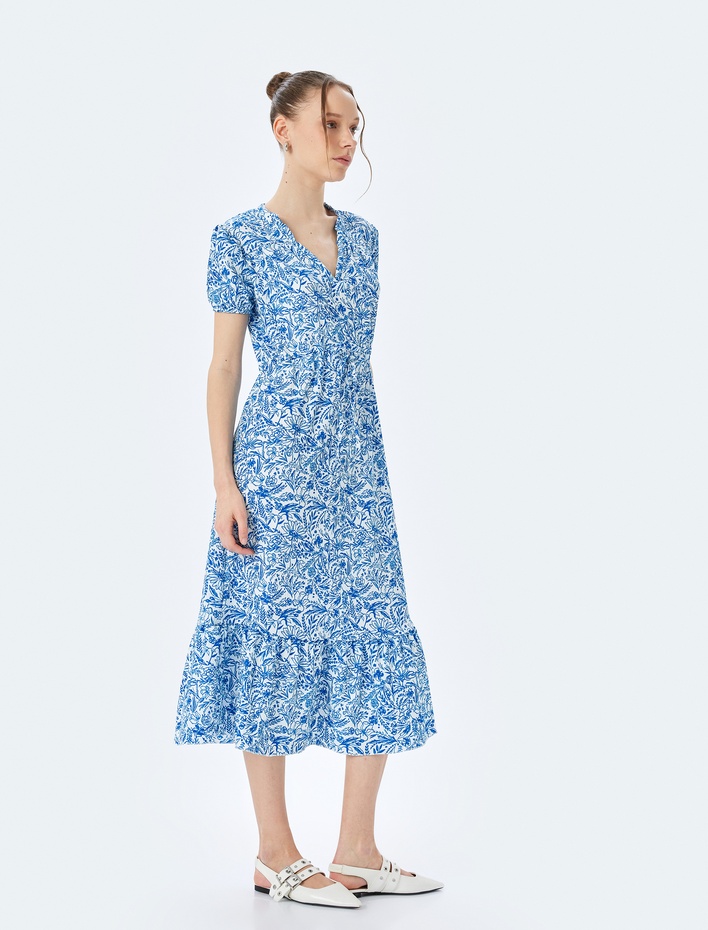  Balon Kollu V Yaka Büzgülü Volanlı Midi Elbise Bürümcük