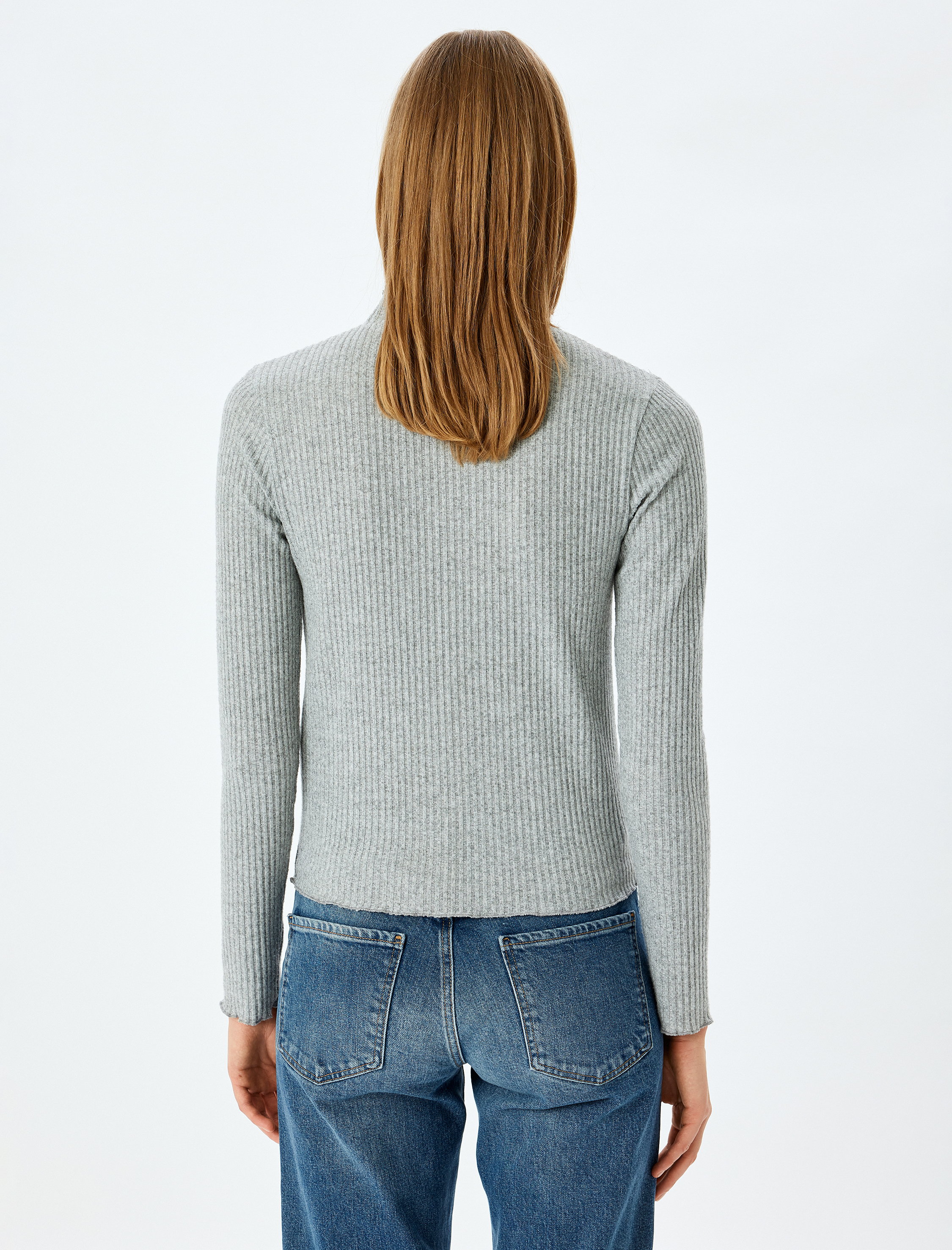 Fırfırlı Dik Yaka Uzun Kollu Slim Fit Basic Tişört