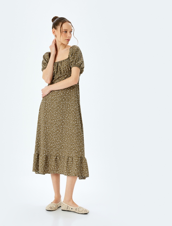  Volanlı Balon Kol Kare Yaka Çiçekli Midi Elbise Bürümcük