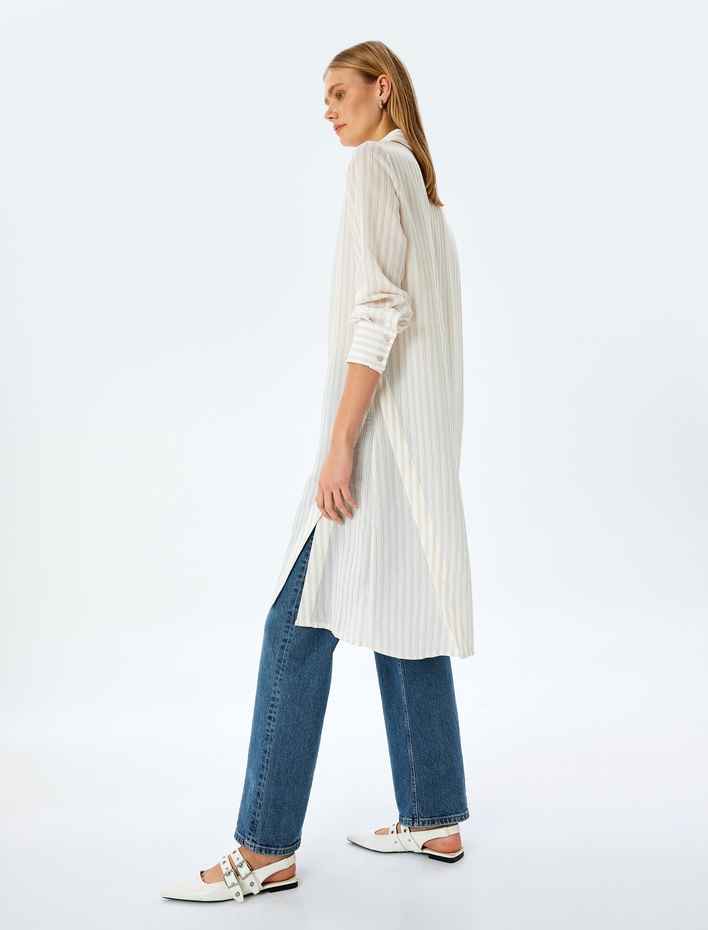  Çizgili Gömlek Yaka Uzun Kollu Oversize Midi Tunik Elbise