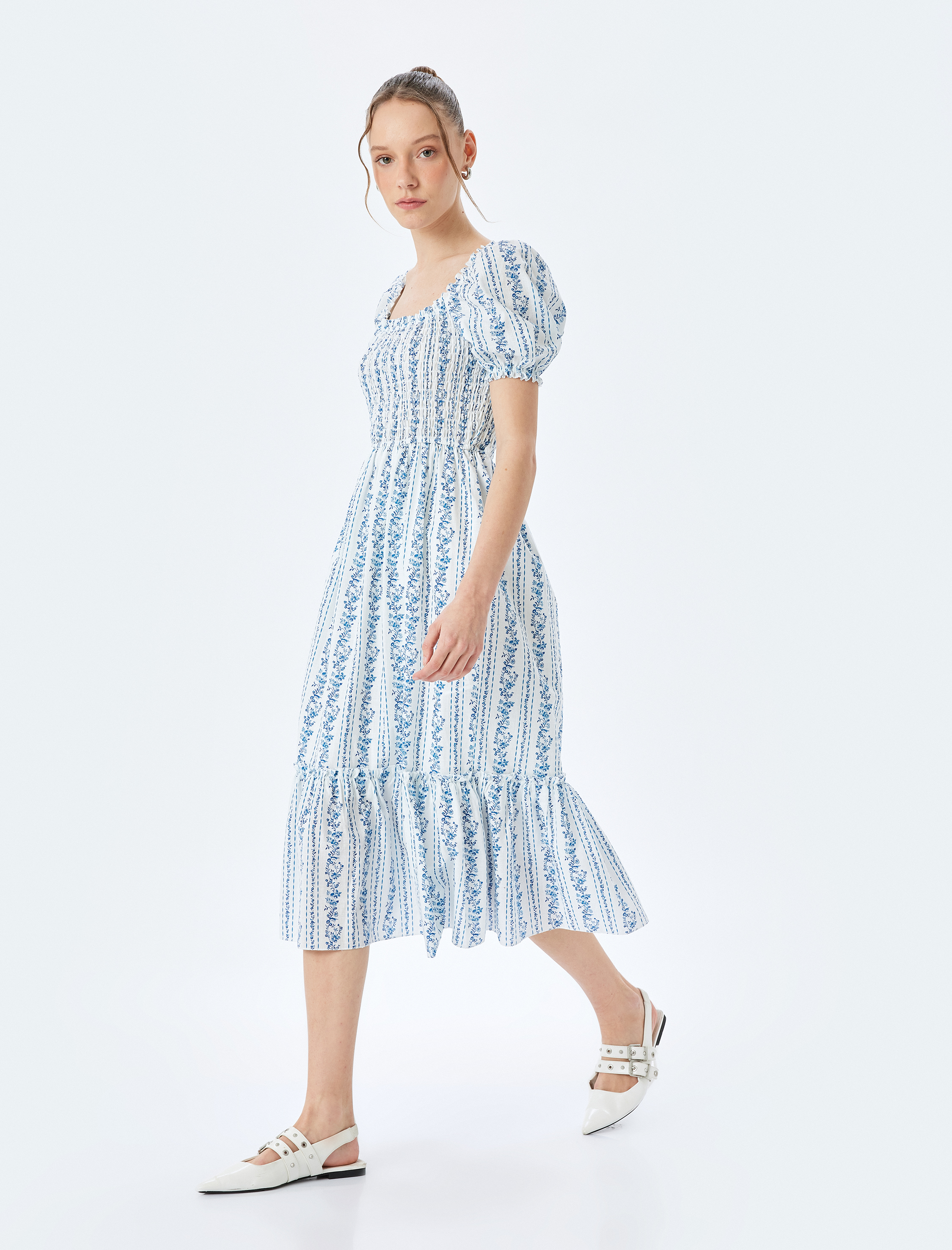   Katlı Gipeli U Yaka Balon Kol Uzun Çiçekli Elbise