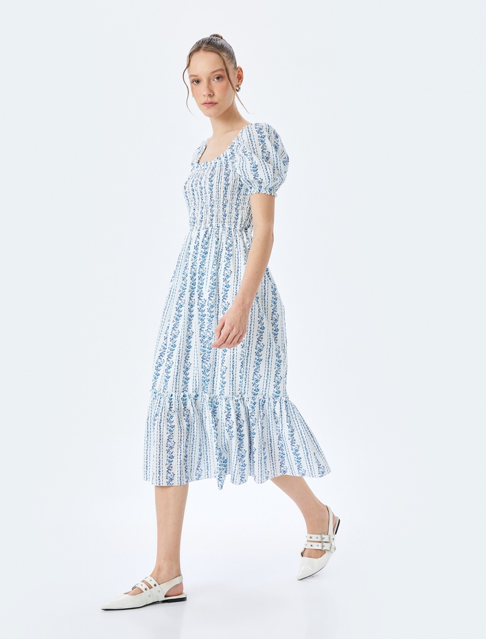  Katlı Gipeli U Yaka Balon Kol Uzun Çiçekli Elbise