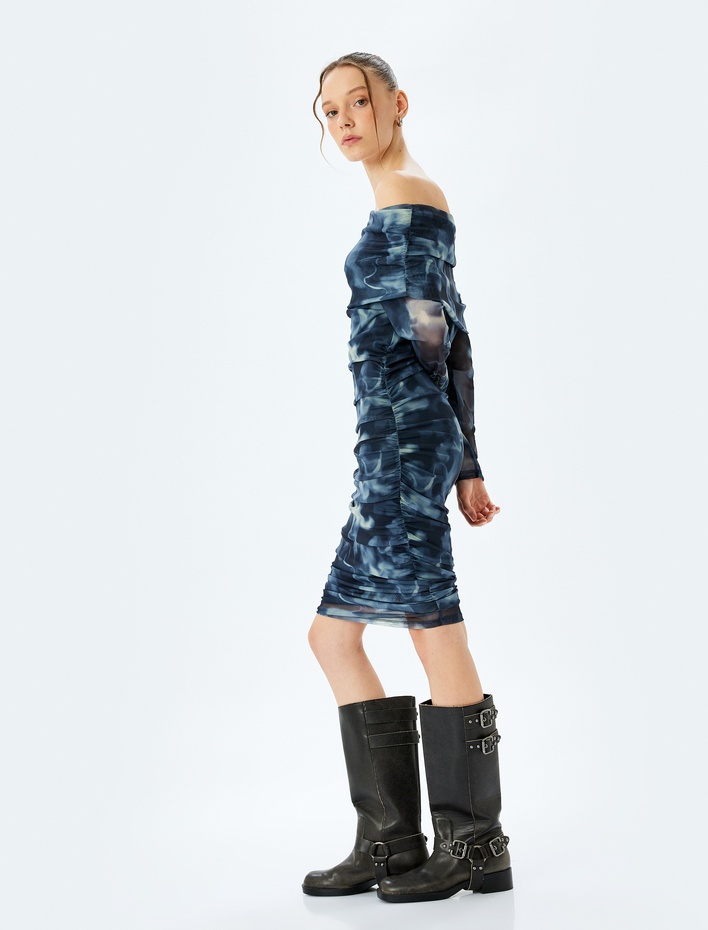  Madonna Yaka Omzu Açık Drapeli Uzun Kollu Tül Elbise