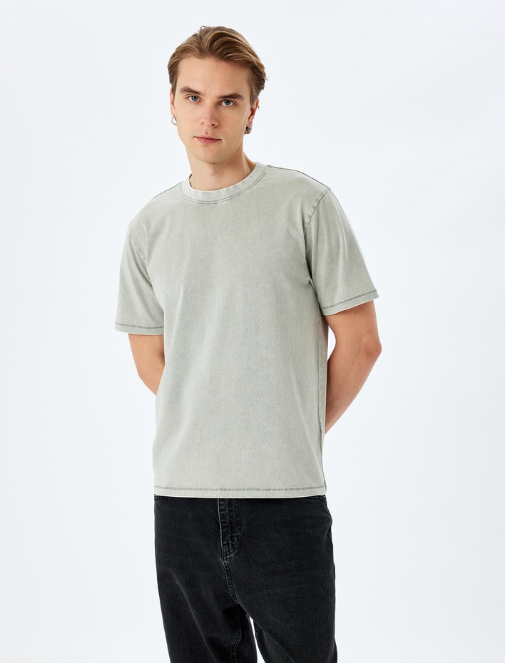  Pamuklu Yıkamalı Regular Fit Kısa Kollu Bisiklet Yaka Tişört