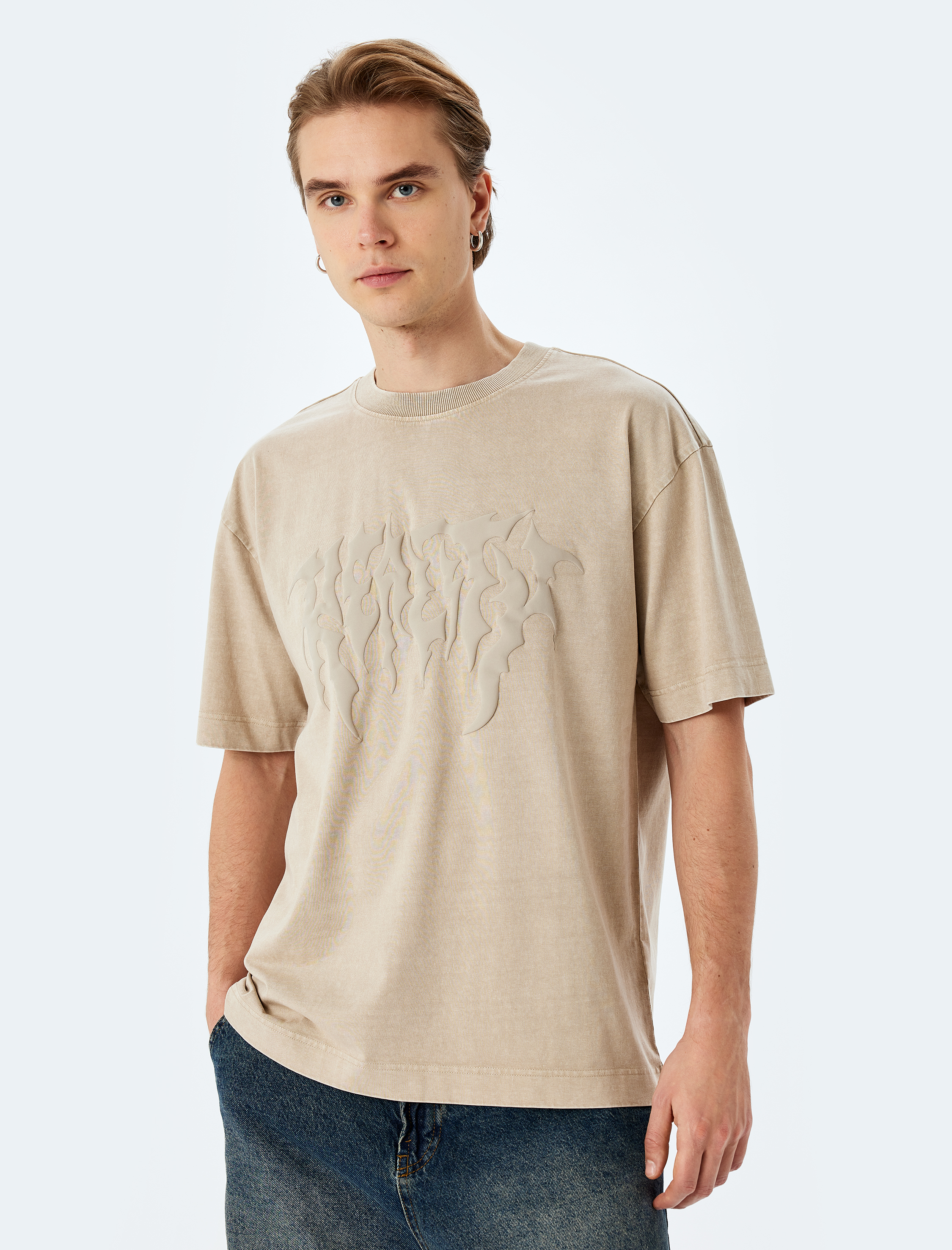   Yıkamalı Bisiklet Yaka Pamuklu Kısa Kollu Gotik Baskılı Oversize Tişört