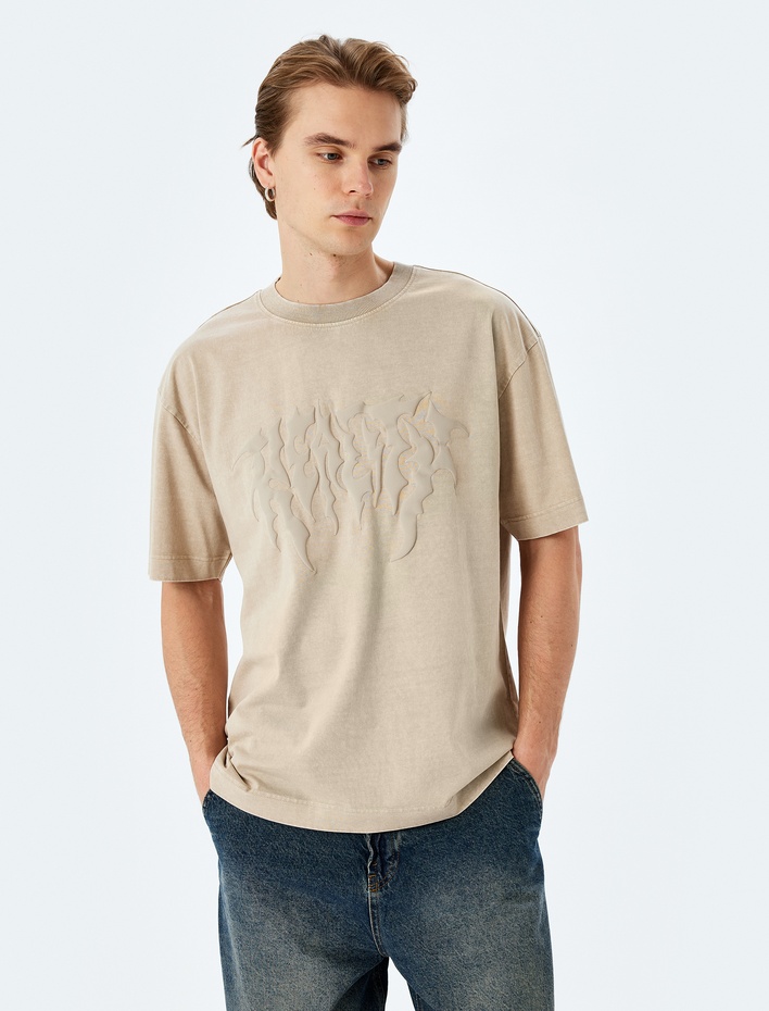  Yıkamalı Bisiklet Yaka Pamuklu Kısa Kollu Gotik Baskılı Oversize Tişört