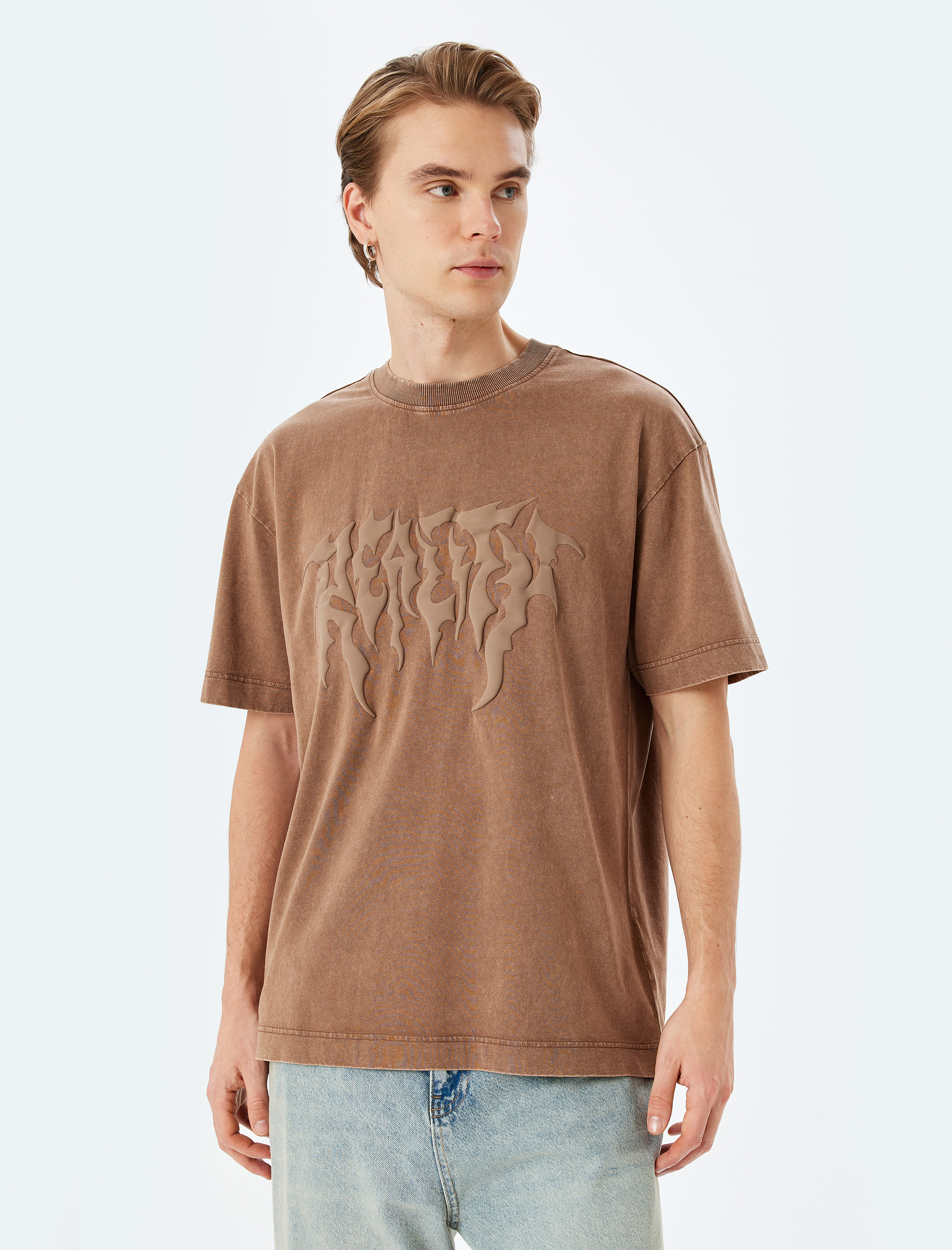   Yıkamalı Bisiklet Yaka Pamuklu Kısa Kollu Gotik Baskılı Oversize Tişört