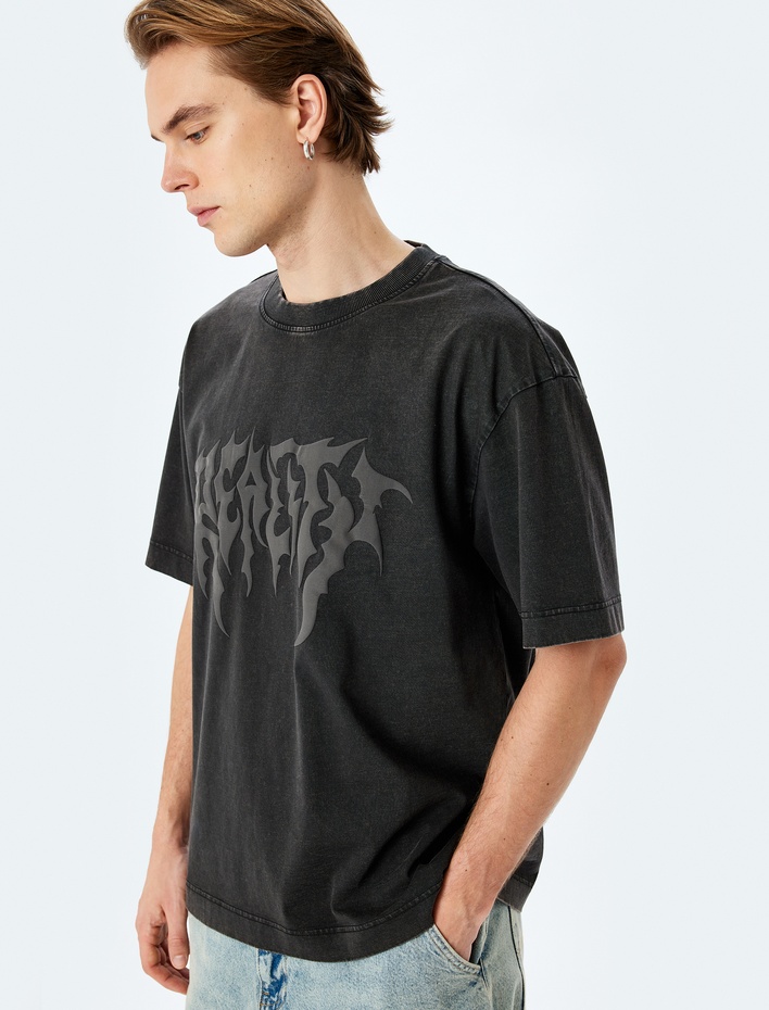  Yıkamalı Bisiklet Yaka Pamuklu Kısa Kollu Gotik Baskılı Oversize Tişört