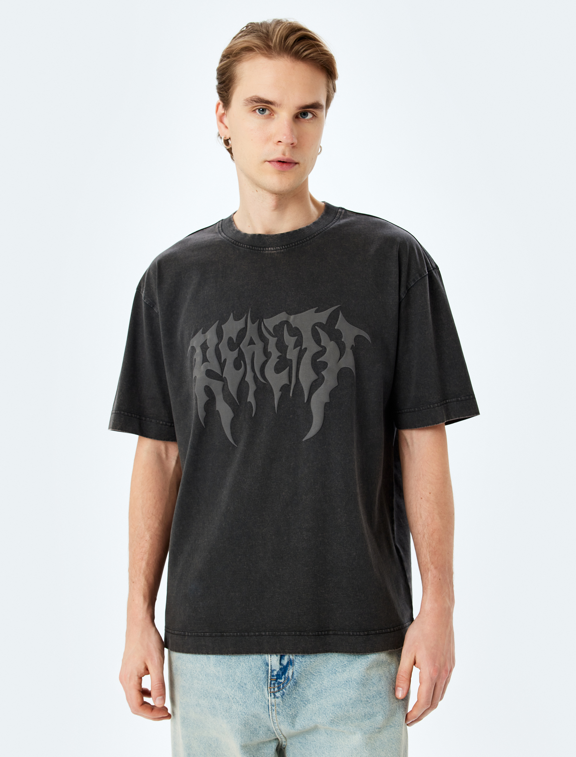   Yıkamalı Bisiklet Yaka Pamuklu Kısa Kollu Gotik Baskılı Oversize Tişört