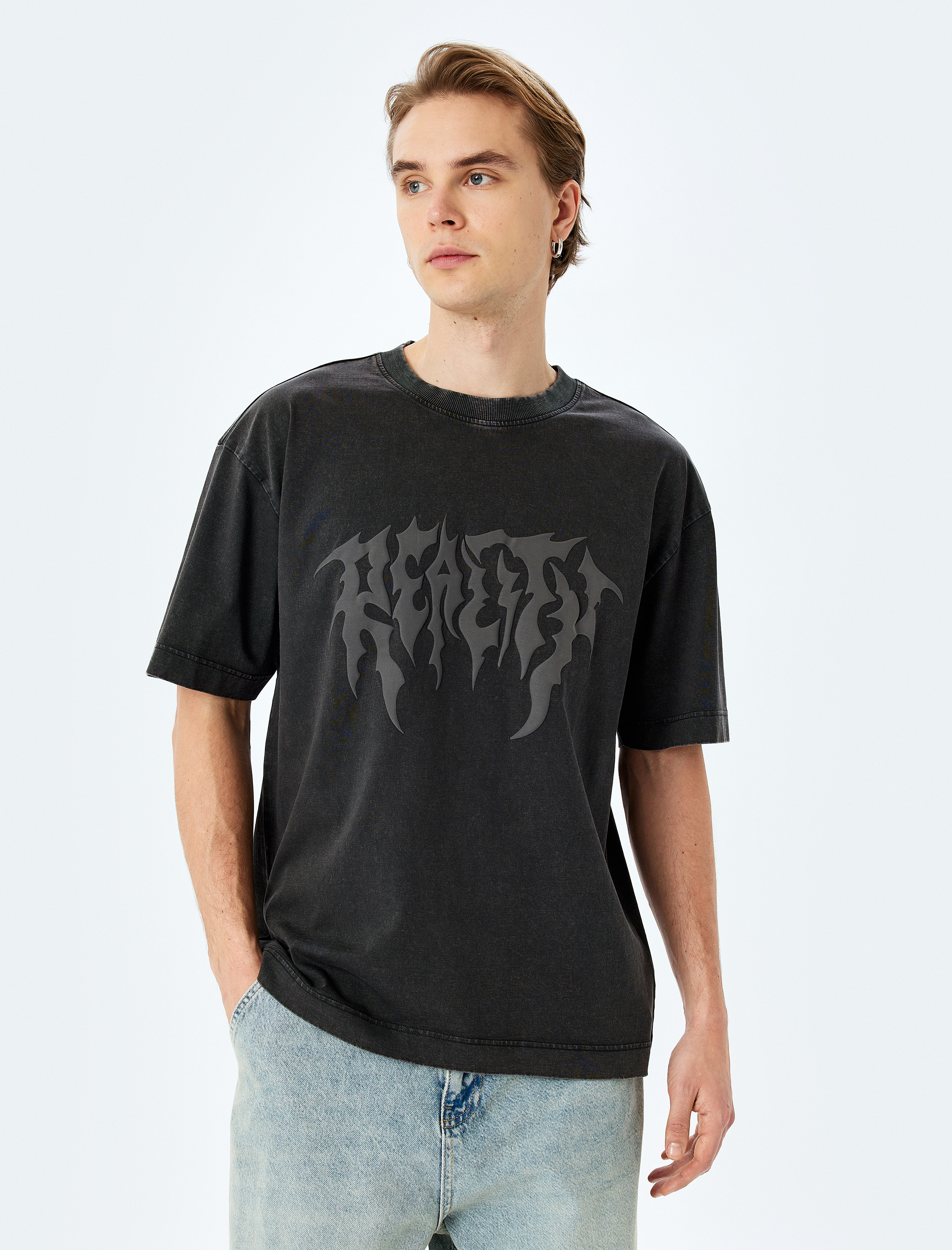   Yıkamalı Bisiklet Yaka Pamuklu Kısa Kollu Gotik Baskılı Oversize Tişört