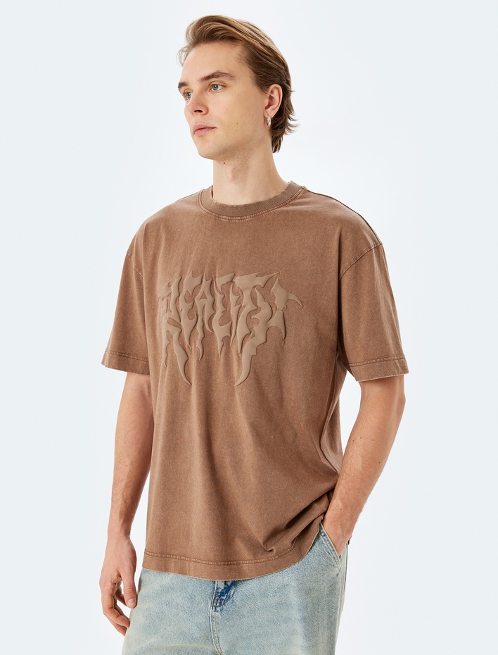  Yıkamalı Bisiklet Yaka Pamuklu Kısa Kollu Gotik Baskılı Oversize Tişört