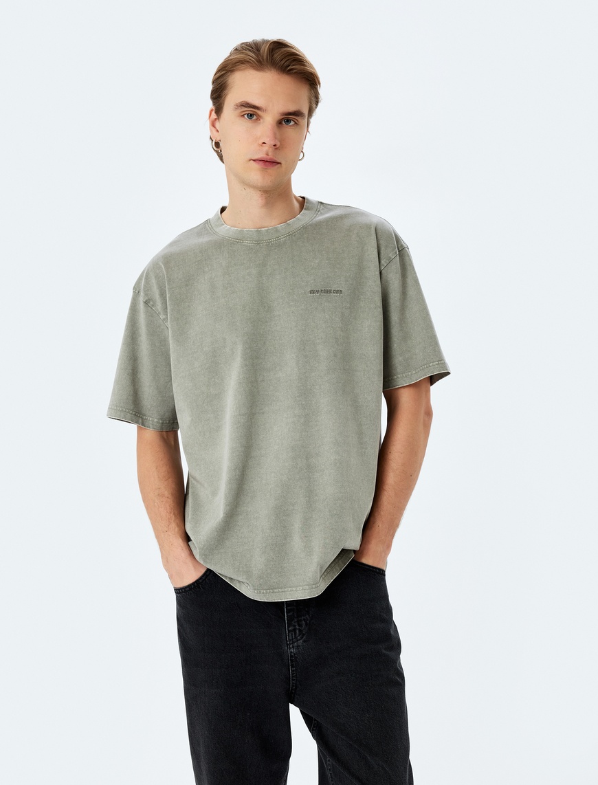   Yıkamalı Pamuklu Kısa Kollu Minimal Baskılı Bisiklet Yaka Oversize Tişört