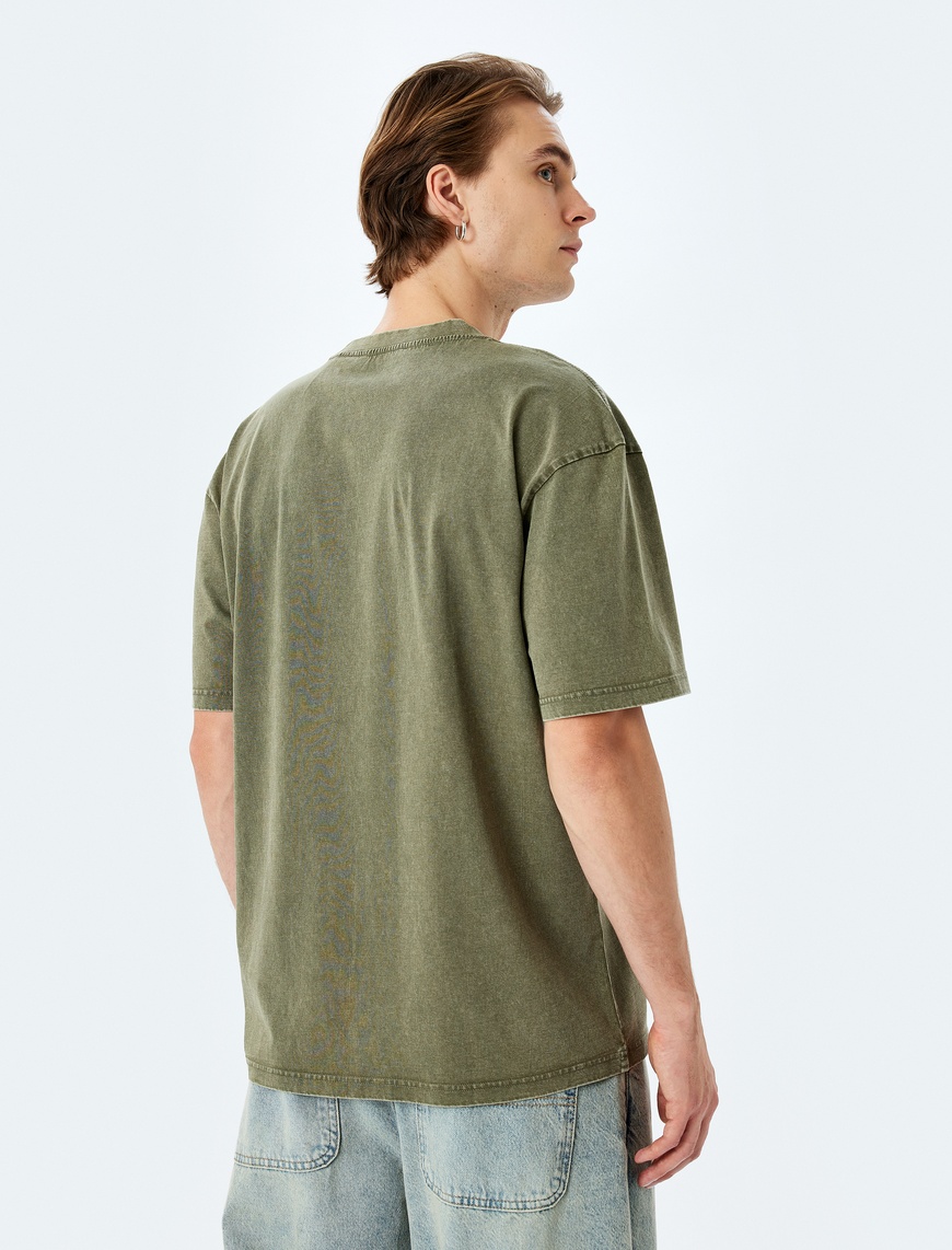   Yıkamalı Pamuklu Kısa Kollu Minimal Baskılı Bisiklet Yaka Oversize Tişört