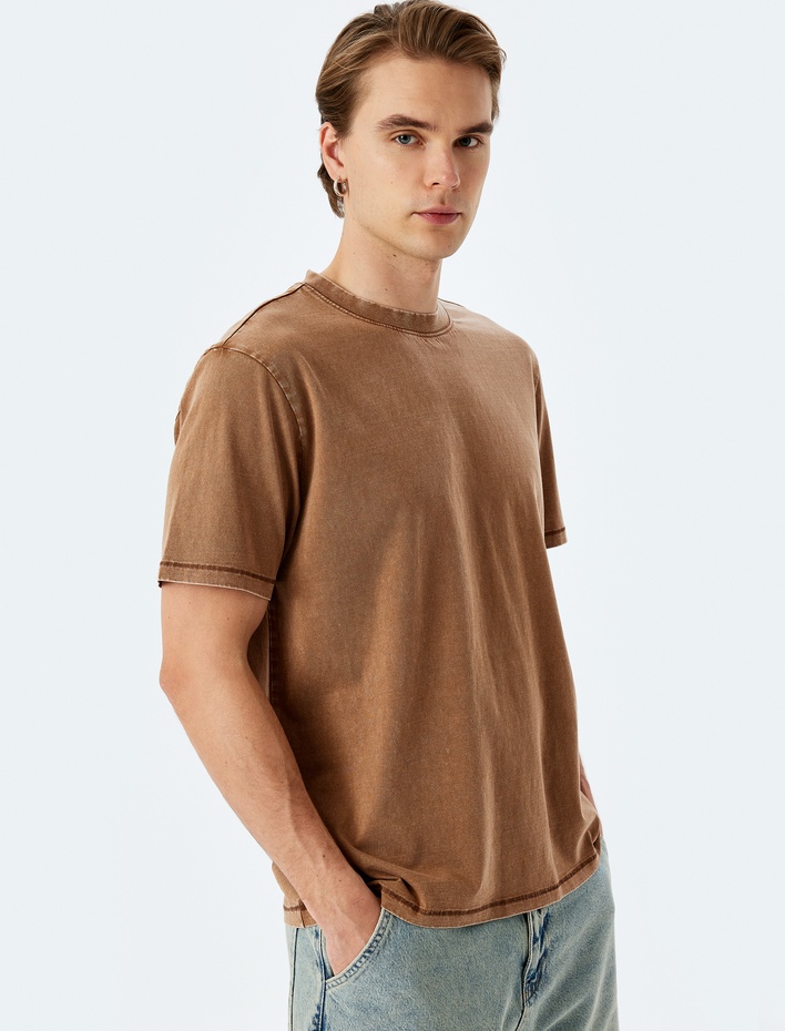  Pamuklu Yıkamalı Regular Fit Kısa Kollu Bisiklet Yaka Tişört