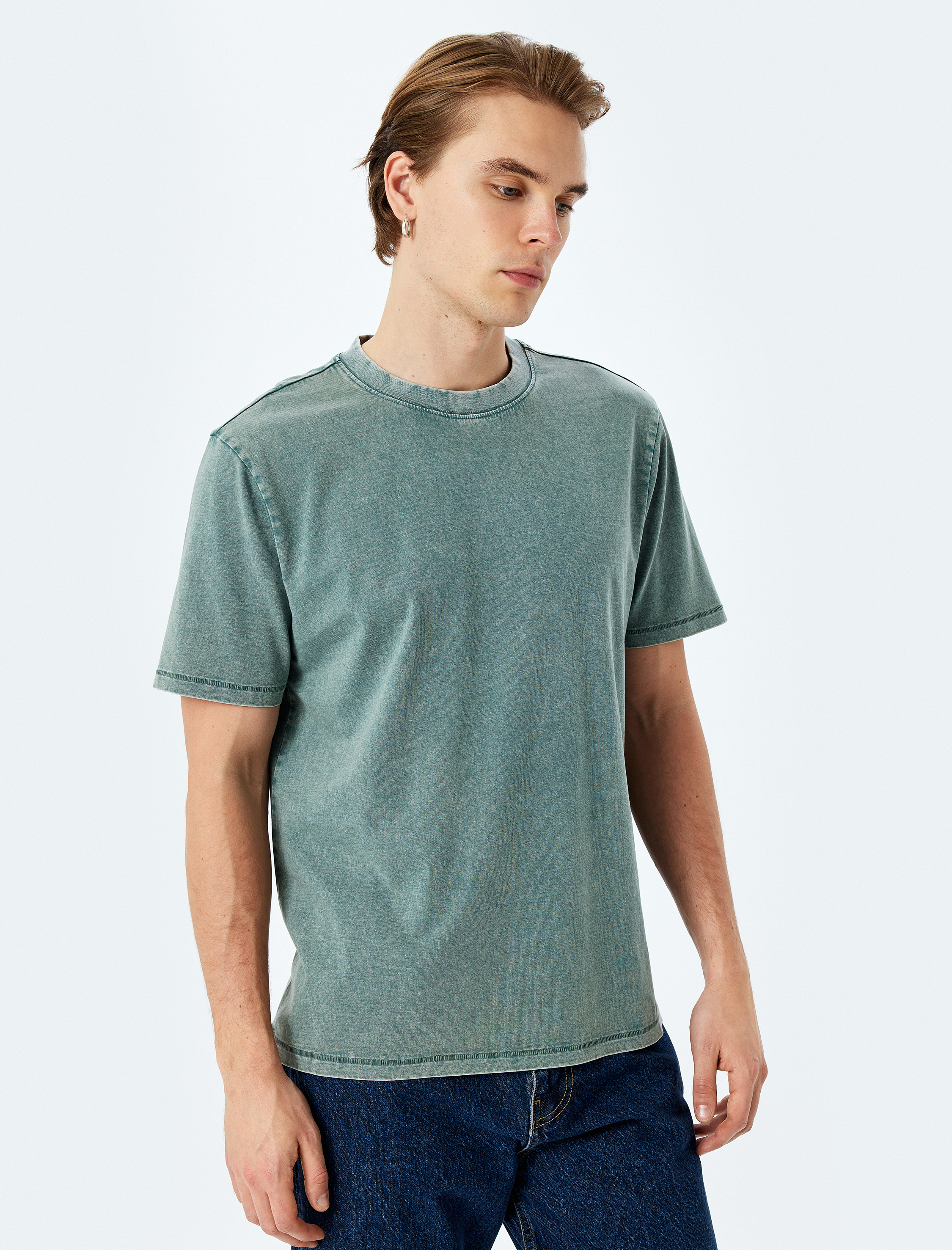   Pamuklu Yıkamalı Regular Fit Kısa Kollu Bisiklet Yaka Tişört