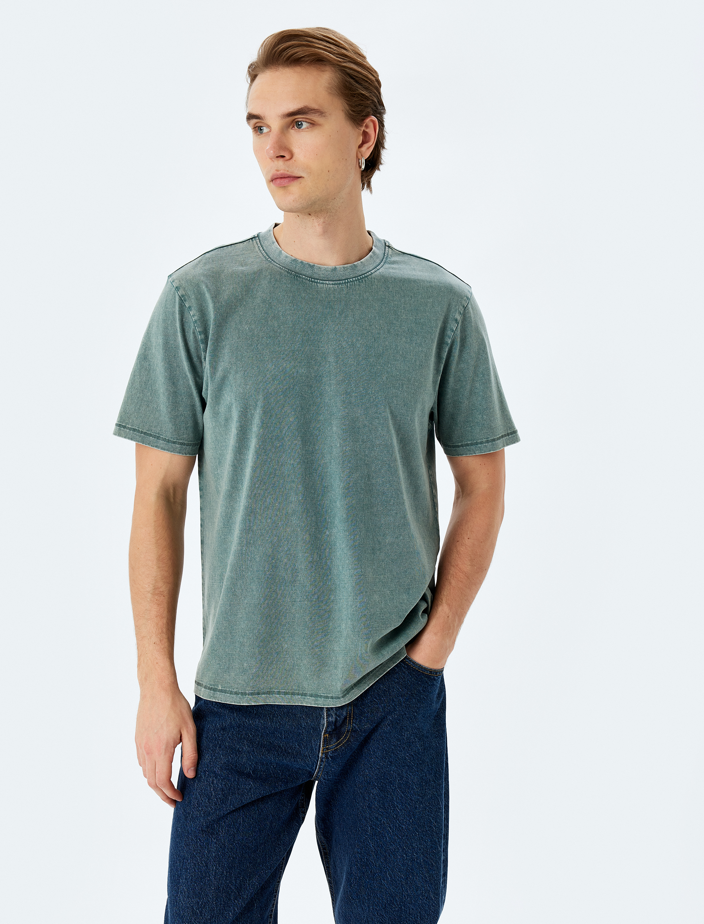   Pamuklu Yıkamalı Regular Fit Kısa Kollu Bisiklet Yaka Tişört