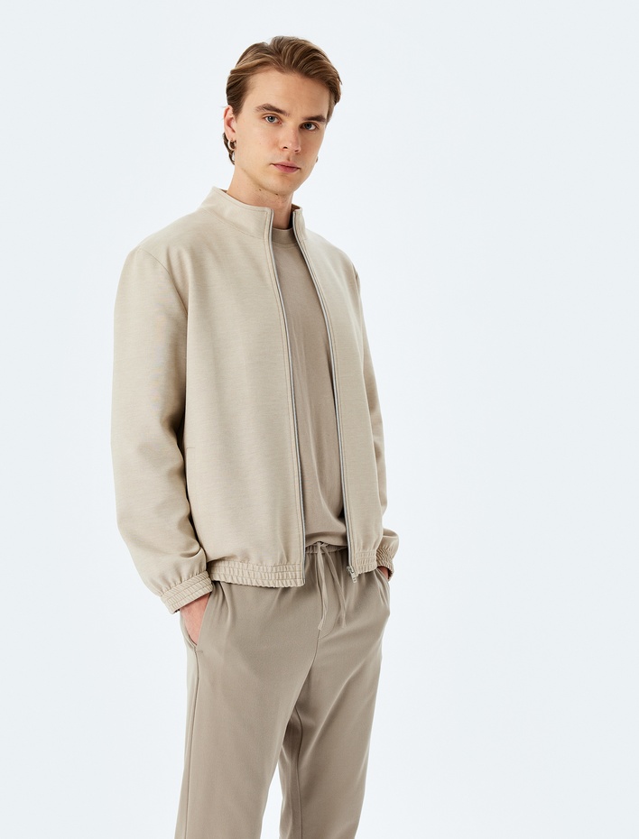  Fermuarlı Viskon Karışımlı Cep Detaylı Pike Kumaş Dik Yaka Ceket