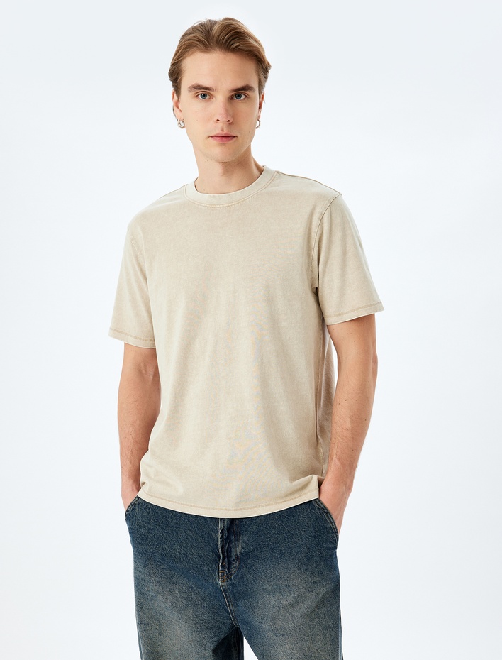  Pamuklu Yıkamalı Regular Fit Kısa Kollu Bisiklet Yaka Tişört