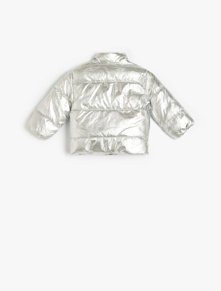 Kız Bebek Uzun Kollu Cep Detaylı Dik Yaka Parlak Şişme Mont