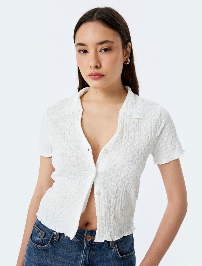  Düğmeli Gömlek Yaka Dokulu Kısa Kollu Bluz Bürümcük