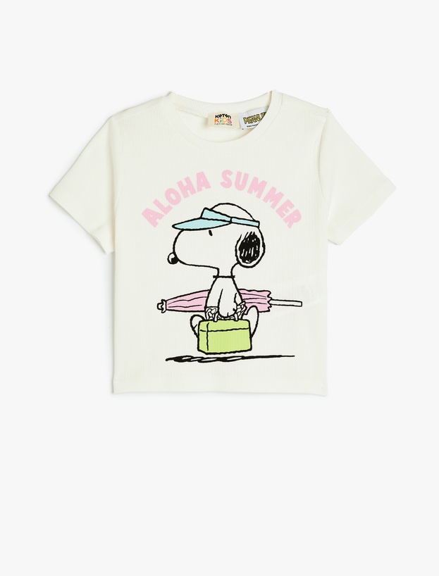 Snoopy Baskılı Bisiklet Yaka Kısa Kollu Pamuklu Lisanslı Tişört_0