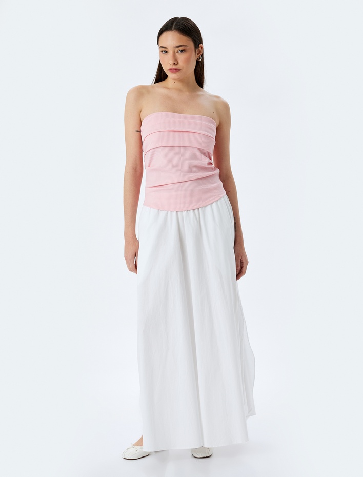  Kolsuz Straplez Yaka Slim Fit Drapeli Ribanalı Üst