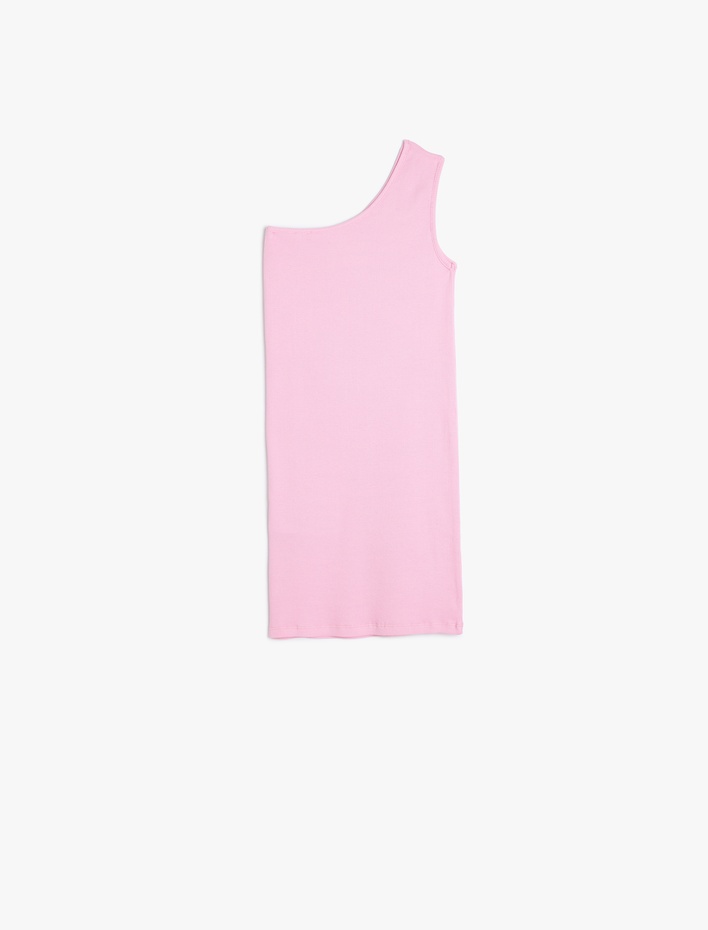 Kız Çocuk Pencere Detaylı Tek Omuzlu Pamuklu Mini Elbise