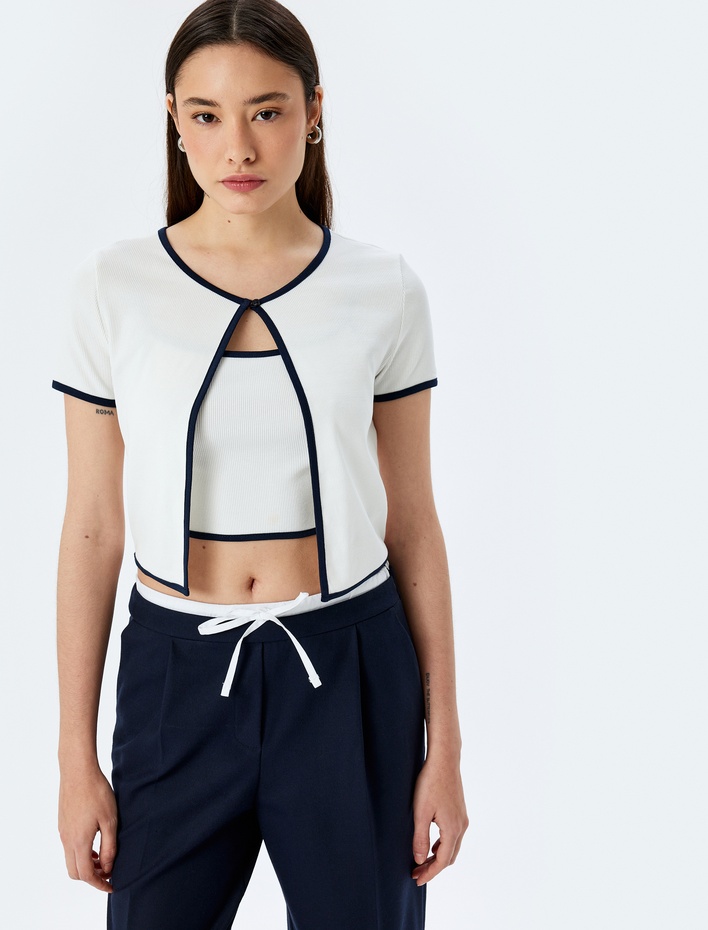  Bisiklet Yaka Kısa Kollu Biyeli Basic Crop Tişört