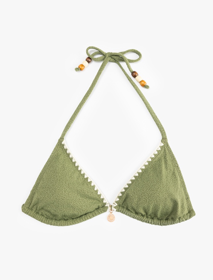  Astarlı Kroşe Detaylı Boncuklu Üçgen Bikini Üstü