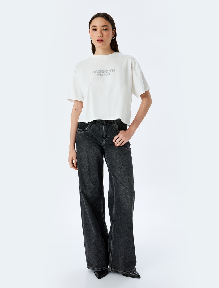  Slogan Baskılı Kısa Kollu Crop Bisiklet Yaka Tişört