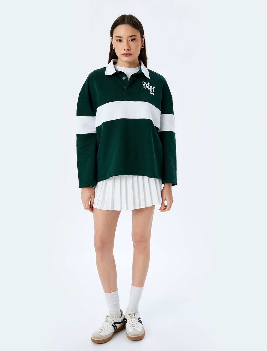   Polo Yaka Nakışlı Düğmeli Renk Bloklu Oversize Sweatshirt