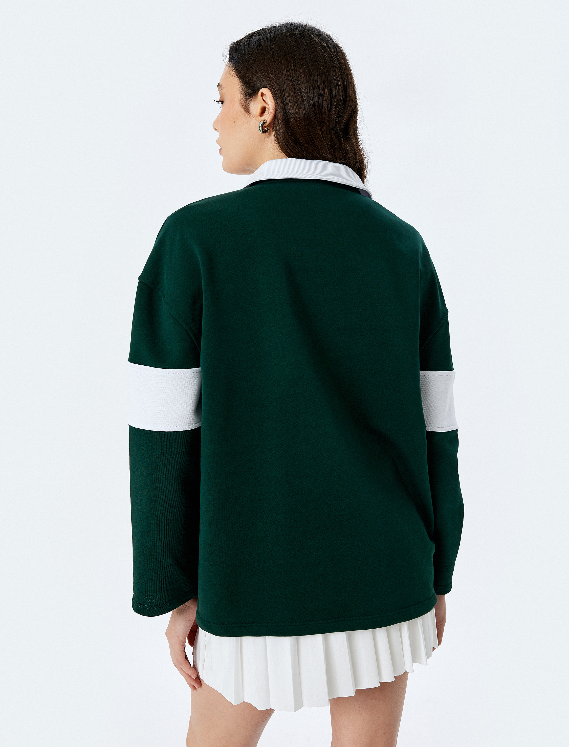 Polo Yaka Nakışlı Düğmeli Renk Bloklu Oversize Sweatshirt