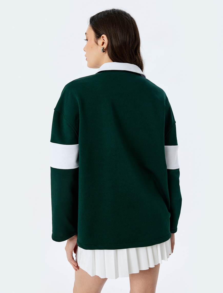   Polo Yaka Nakışlı Düğmeli Renk Bloklu Oversize Sweatshirt