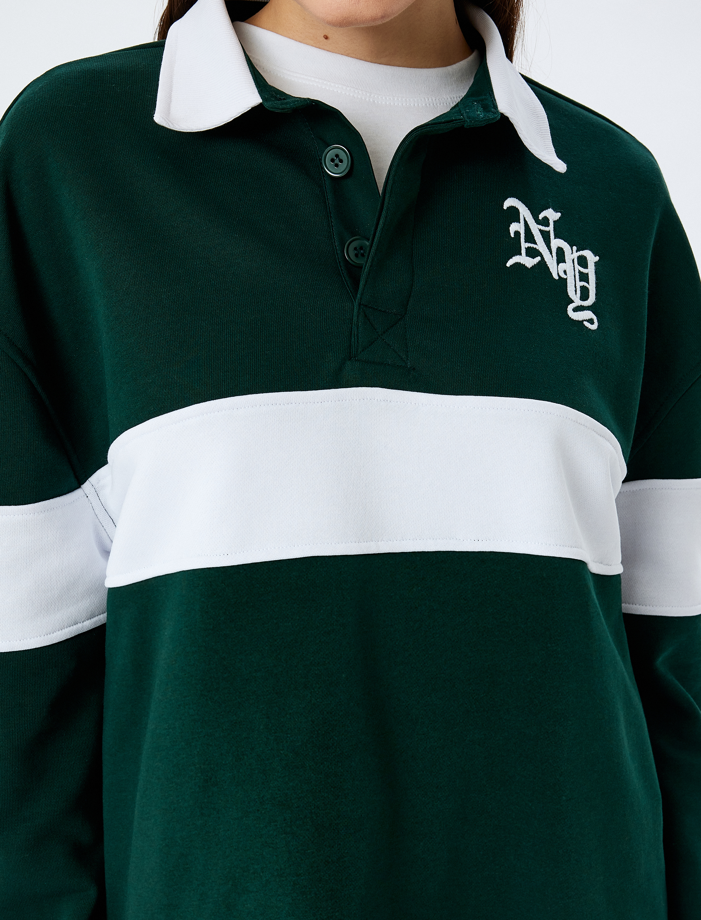 Polo Yaka Nakışlı Düğmeli Renk Bloklu Oversize Sweatshirt